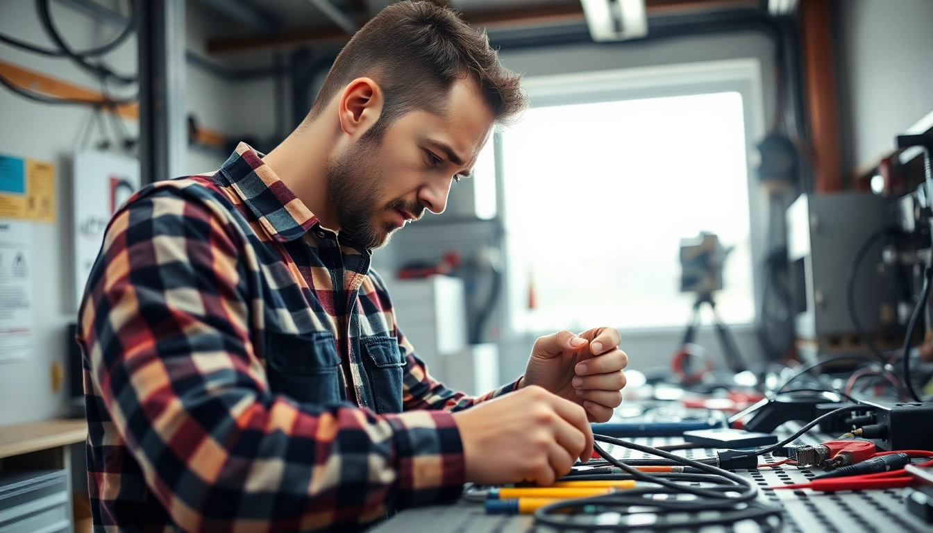 Electrical Contractor inspecting wiring with precision and professionalism in a well-equipped workspace.