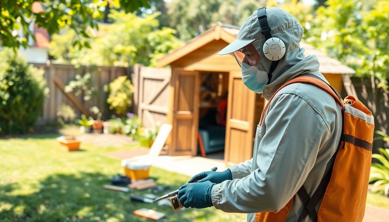 Pest control technician inspecting for infestations with professional tools in a sunny garden setting.
