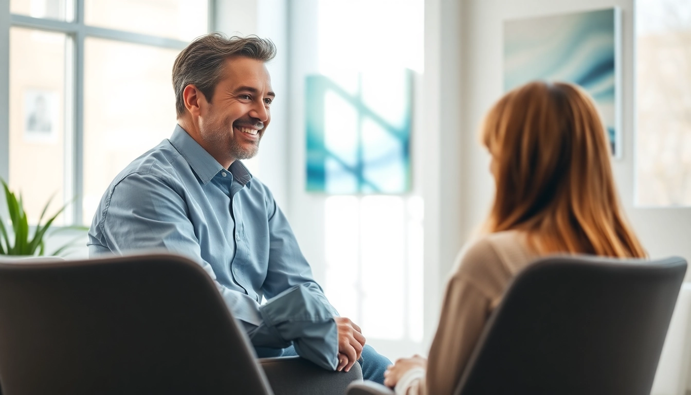 Psychologist engaging with a patient in a calming office with natural light and soothing decor.