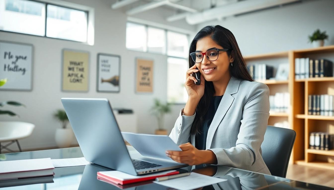 Immigration Consultant assisting clients in a bright, modern office setting.
