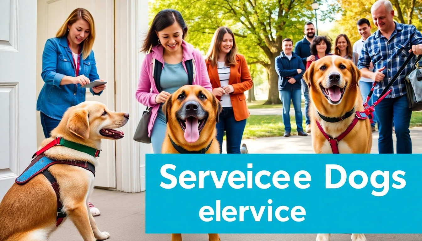 Service dogs assisting individuals in daily activities amidst a vibrant park setting.