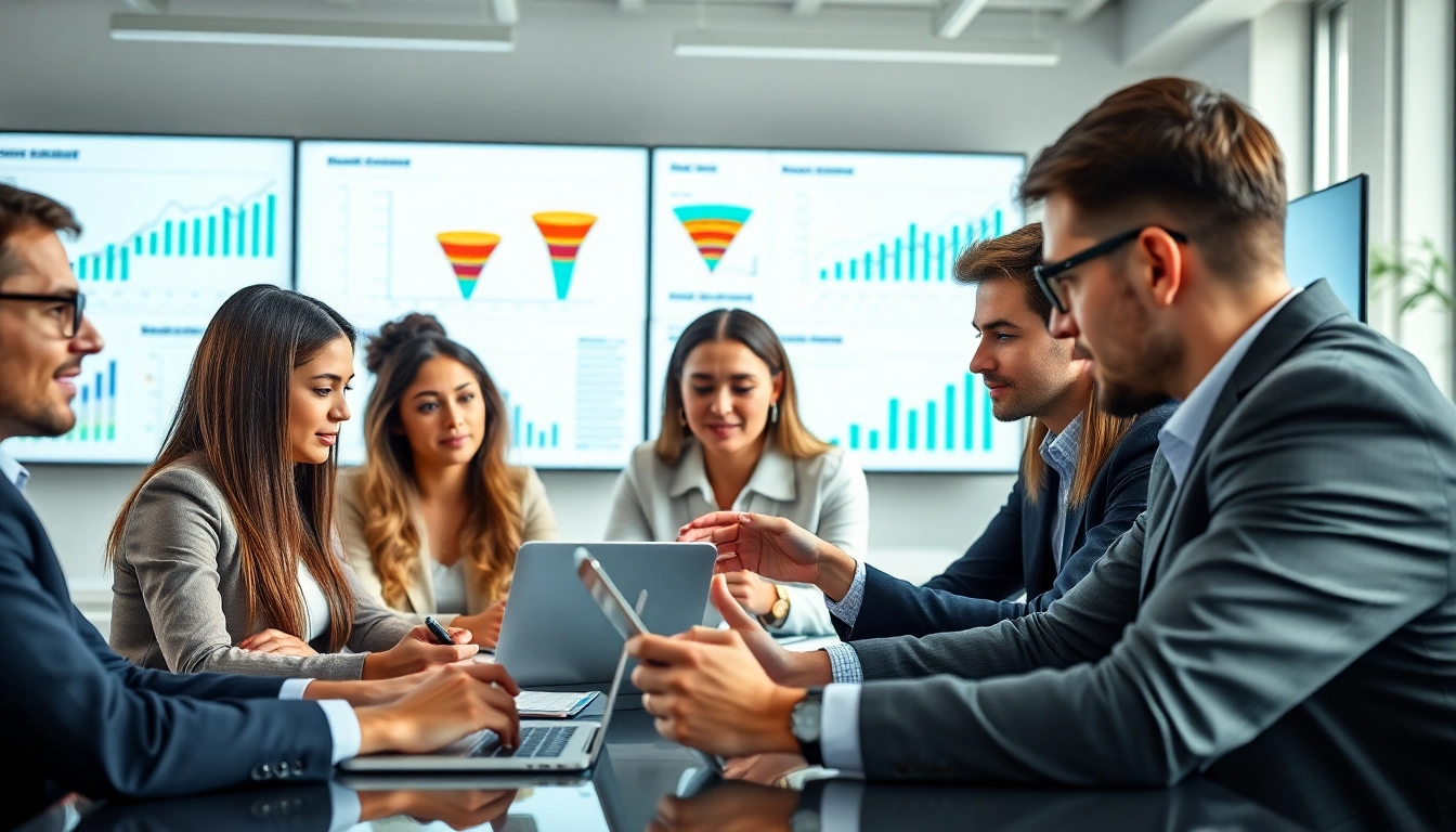 Engaged marketing team collaborating on FUNNEL BUILDING Ai strategies in a modern office.