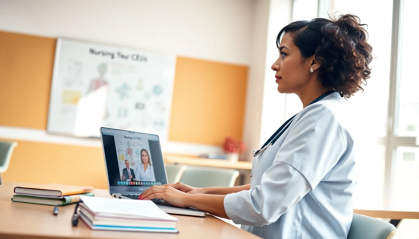Nurse engaging with online nursing ceus course on a laptop in a professional classroom setting.