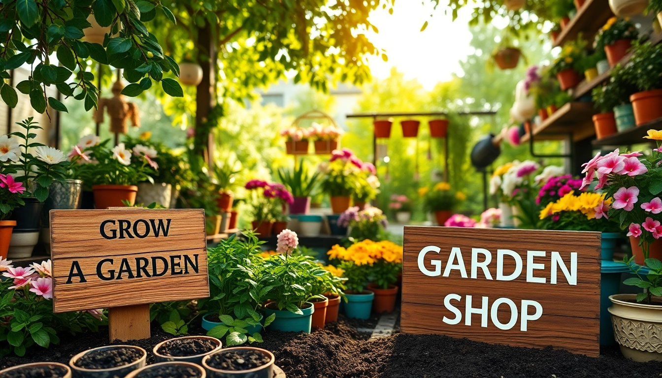 Engage with a vibrant Grow A Garden Shop showcasing blooming flowers and garden supplies.