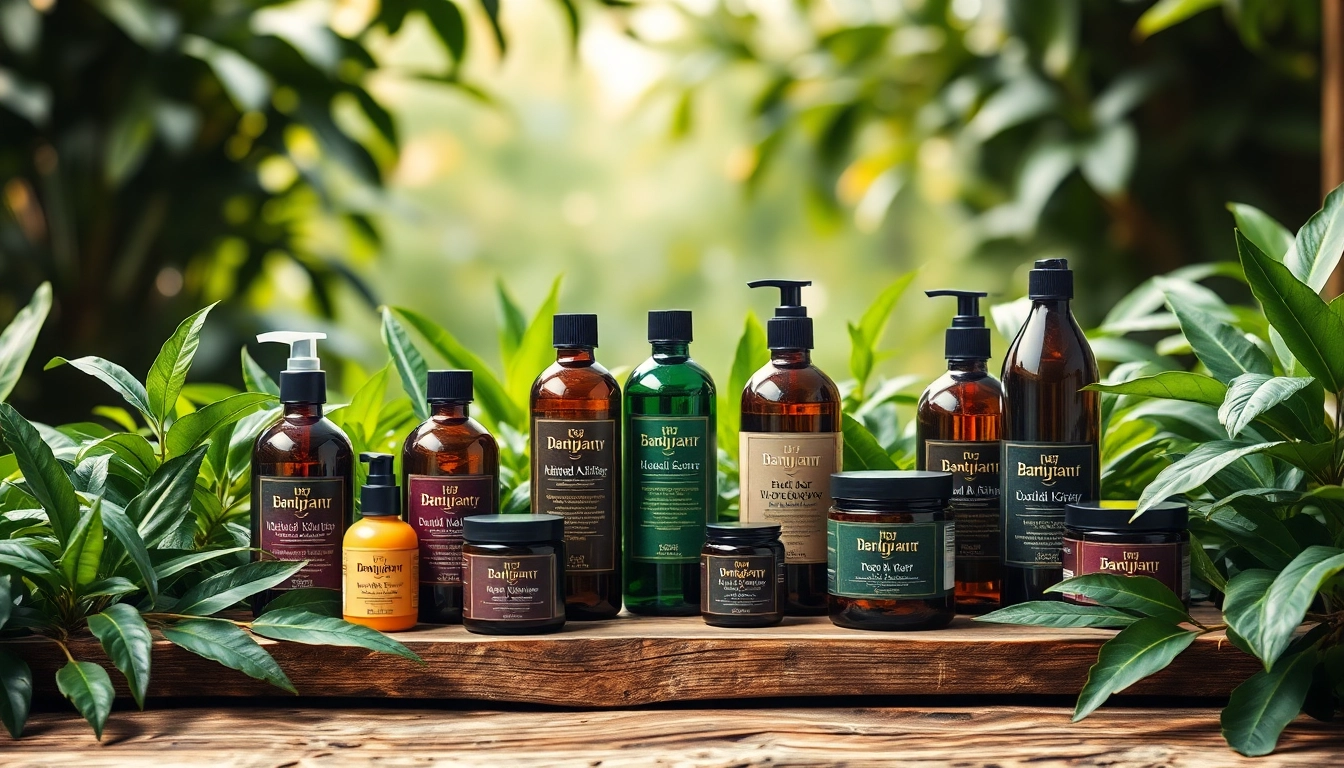Showcasing natural hair products on a rustic table with lush greenery for a vibrant setting.