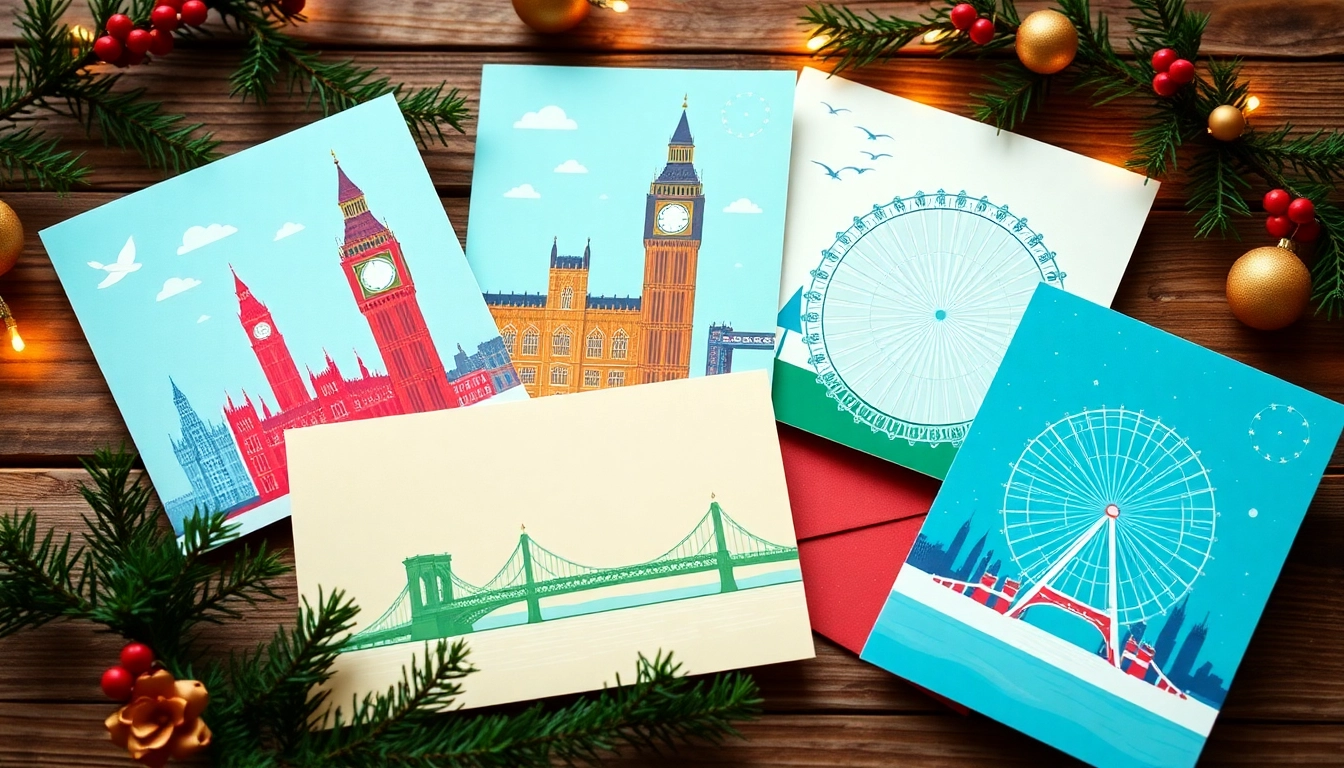 Showcase of Christmas cards London with lively designs on a rustic wooden table.