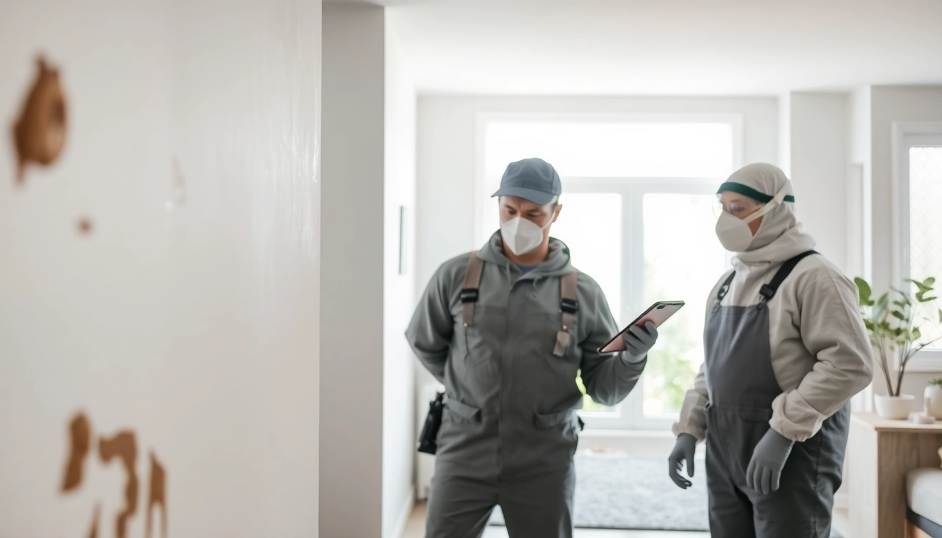 Mold Remediation professionals inspecting mold growth in a residential area.