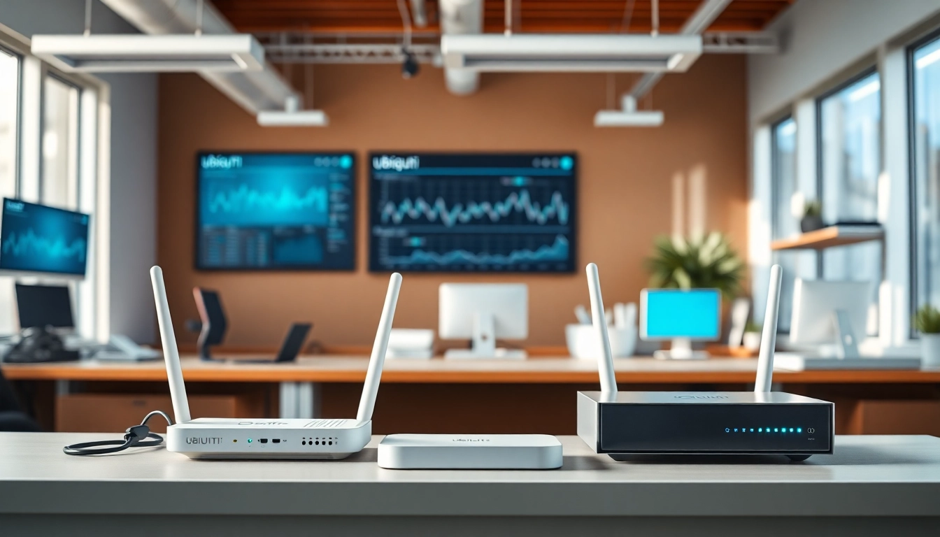 Ubiquiti networking setup showcasing advanced devices in a modern office environment.