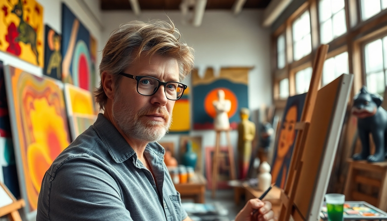 Speck Mellencamp creating art in a vibrant studio setting, showcasing his artistic talents.