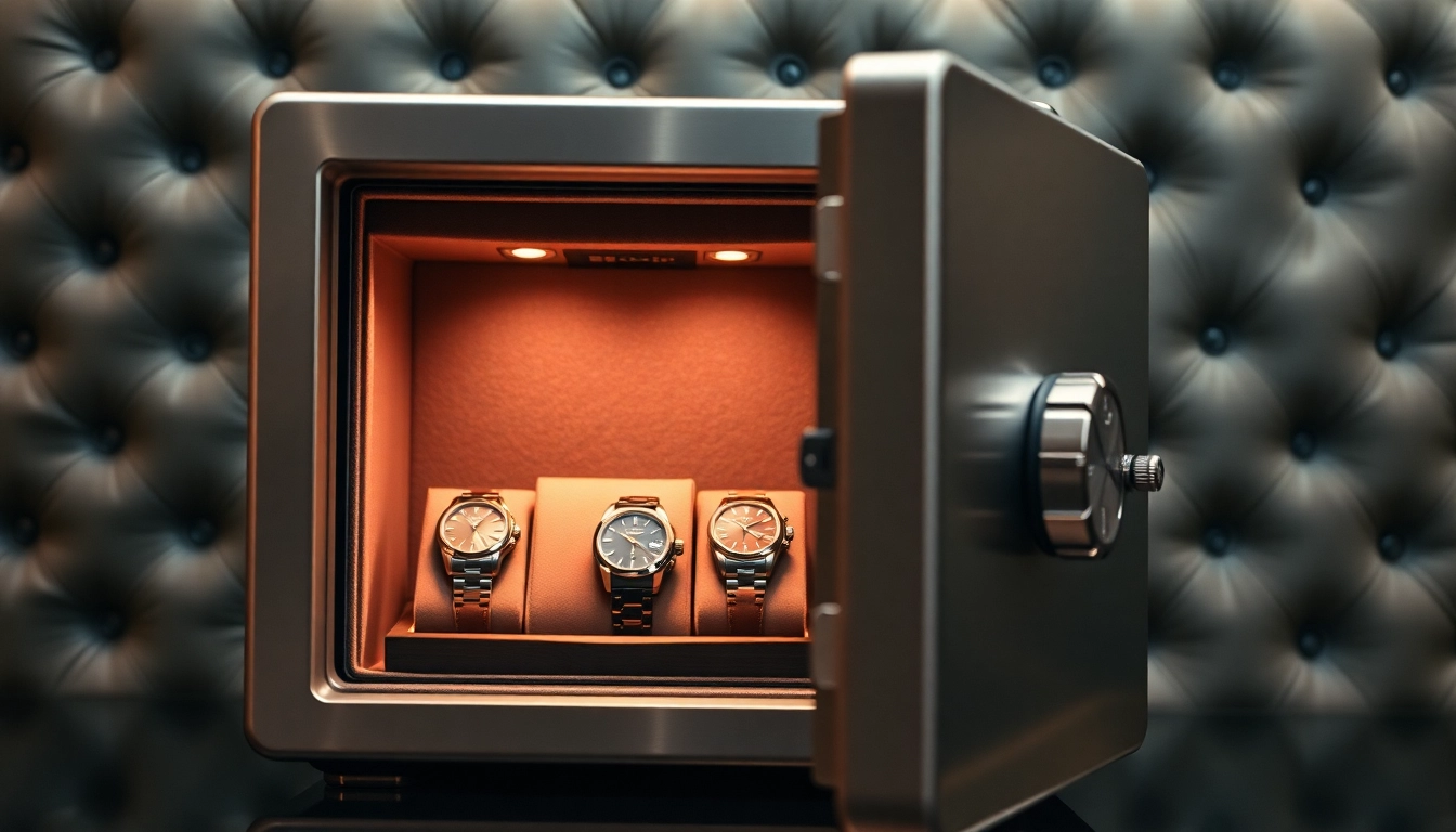 Showcasing a luxury watch safe featuring exquisite timepieces inside, highlighting security and elegance.