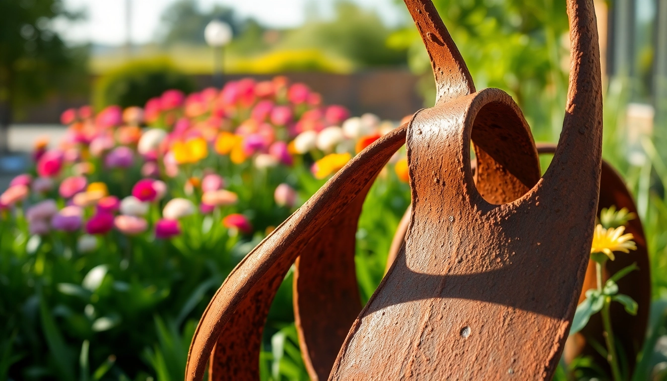 Acier corten sculptural artwork blending with nature in a lush garden setting