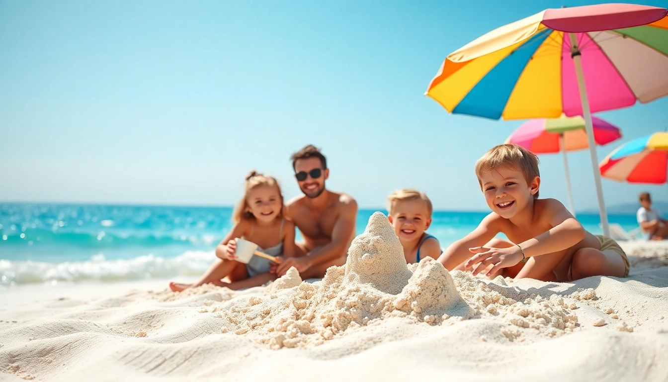 Capture joyful moments of a family vacation at the beach with children playing in the sand.