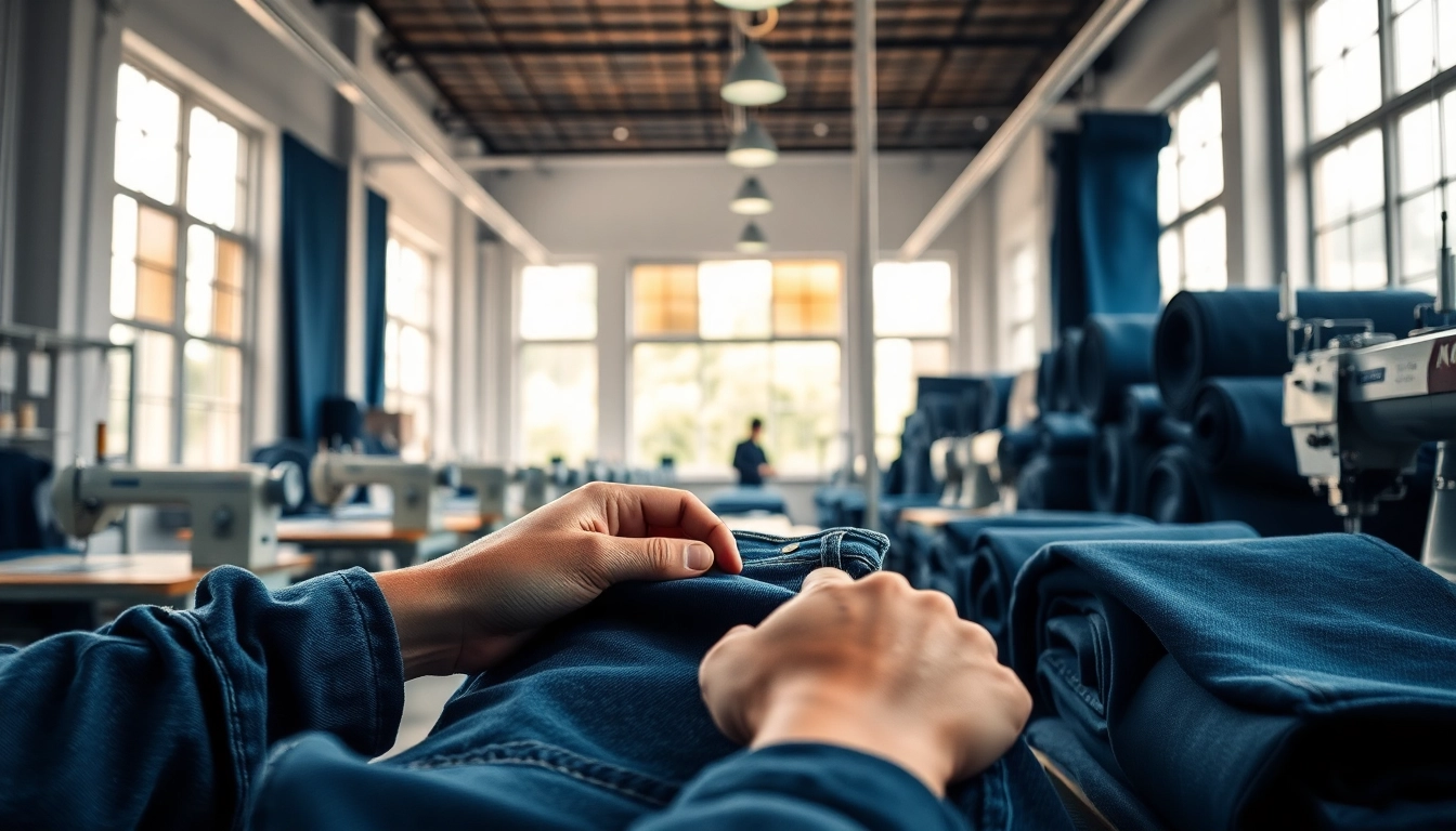 Artisans crafting jeans garment manufacturers showcasing skilled craftsmanship in a vibrant workshop.