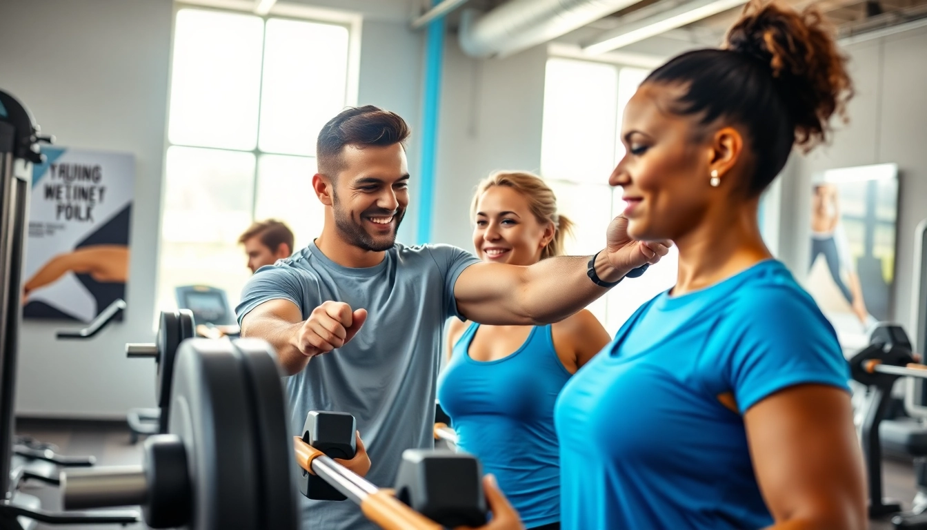Engaging personal trainers in Tonbridge providing guidance during a weightlifting session.
