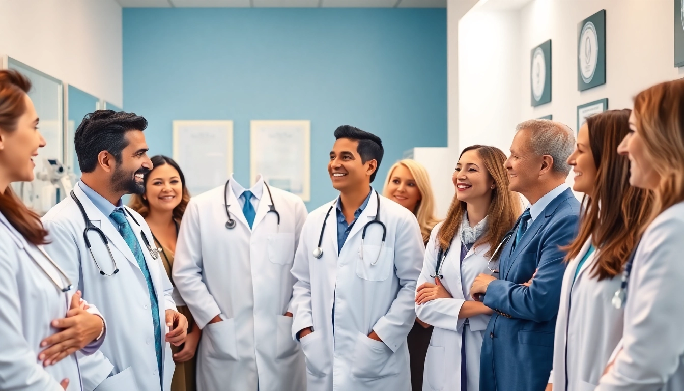 Engaging scene with las vegas concierge doctors interacting with happy patients in a bright office.