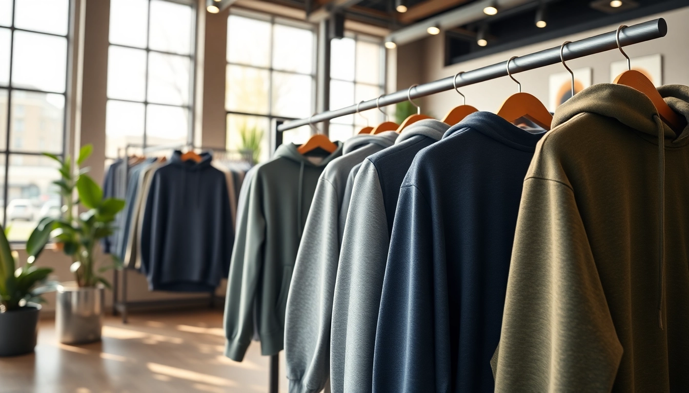 Explore vibrant blank hoodies displayed in a modern retail setting emphasizing quality.