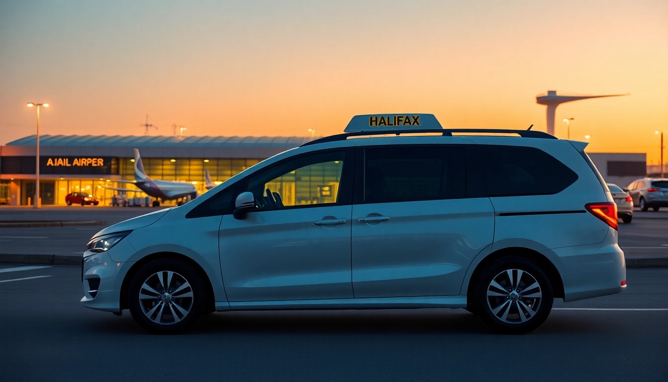 Airport taxis Halifax providing convenient transportation to the airport under a beautiful evening sky.