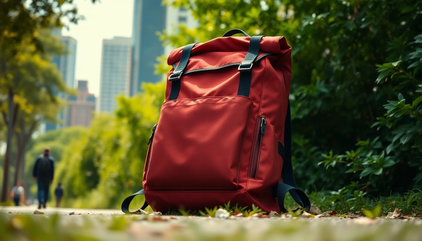 Rolltop Rucksack wasserdicht Herren in einem urbanen Outdoor-Setting mit ansprechendem Design.