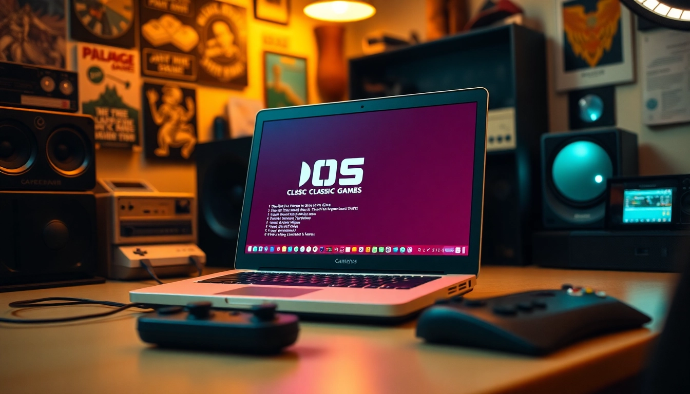 Engaging scene showing a laptop to play dos games with retro-themed decor in a warm atmosphere.