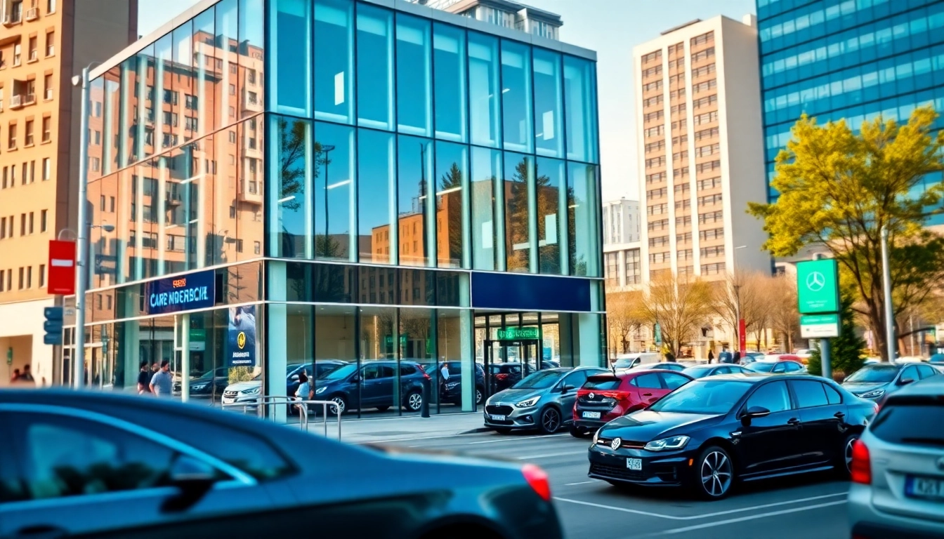 Skup aut Warszawa w nowoczesnym salonie samochodowym z aktywnym miastem w tle.