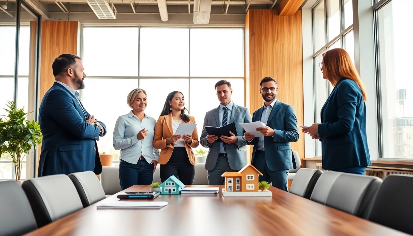 Engaged real estate investment group analyzing market trends and investment strategies in a modern office.