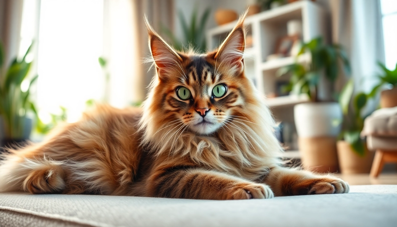 Maine Coon cats for sale near me showcasing a gorgeous fluffy kitten in a cozy living room.