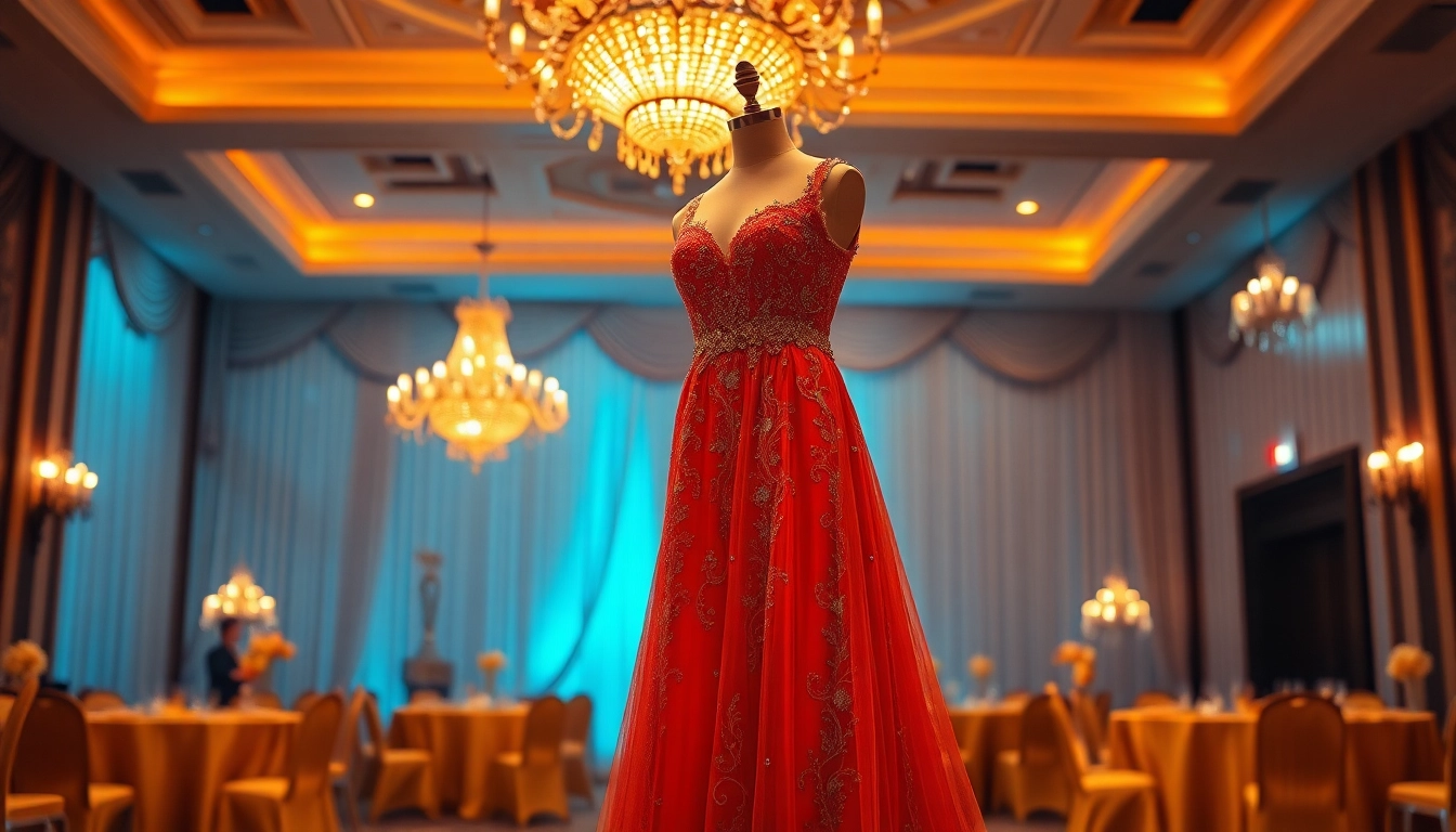 Stunning Evening Dresses showcased elegantly in a glamorous ballroom setting