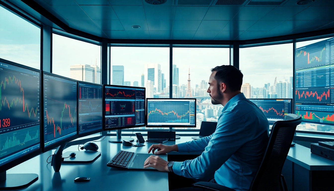 Forex trader analyzing currency market data at a modern desk with city skyline.