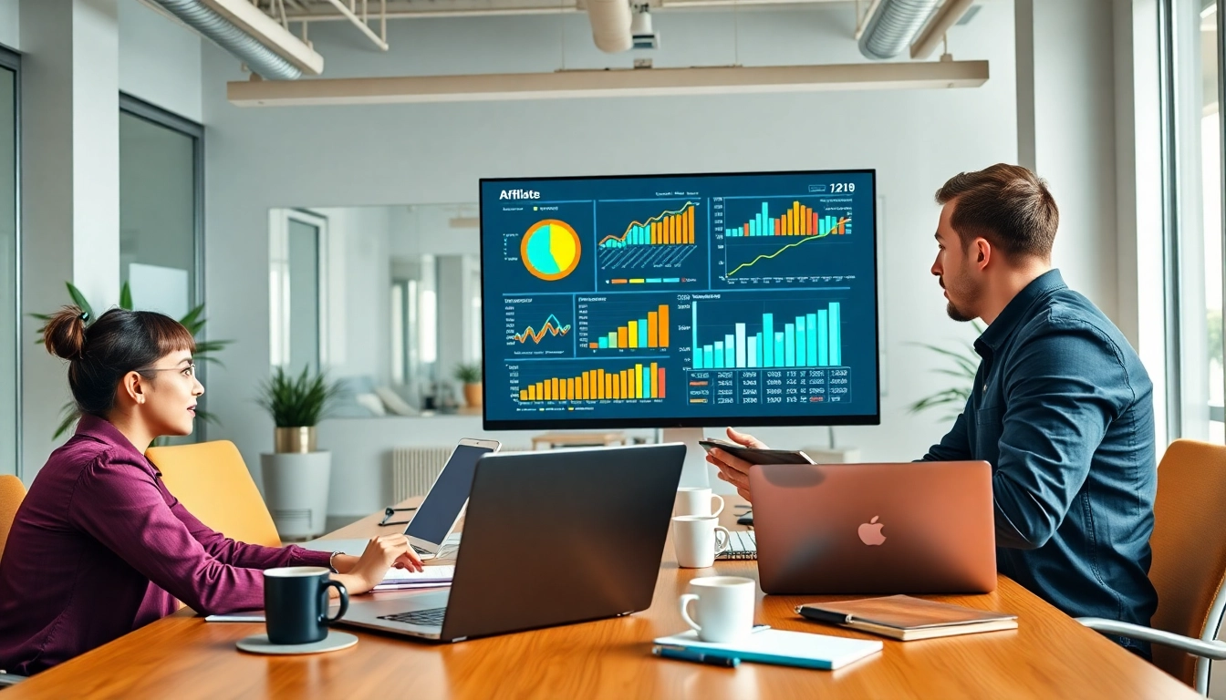 Evaluate affiliate ranking progress with data analysis in a vibrant office environment.