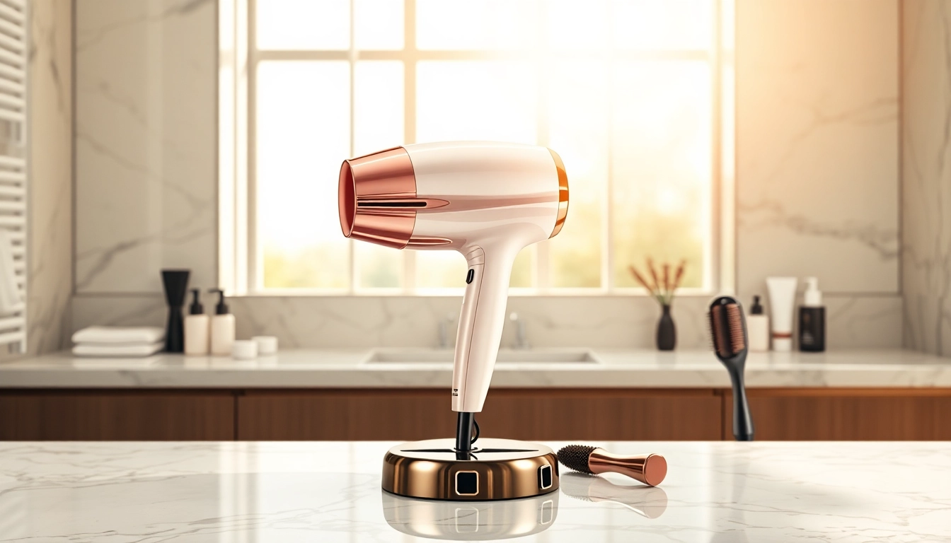 Explore features of the best hair dryer in a modern bathroom setting showcasing design elements.