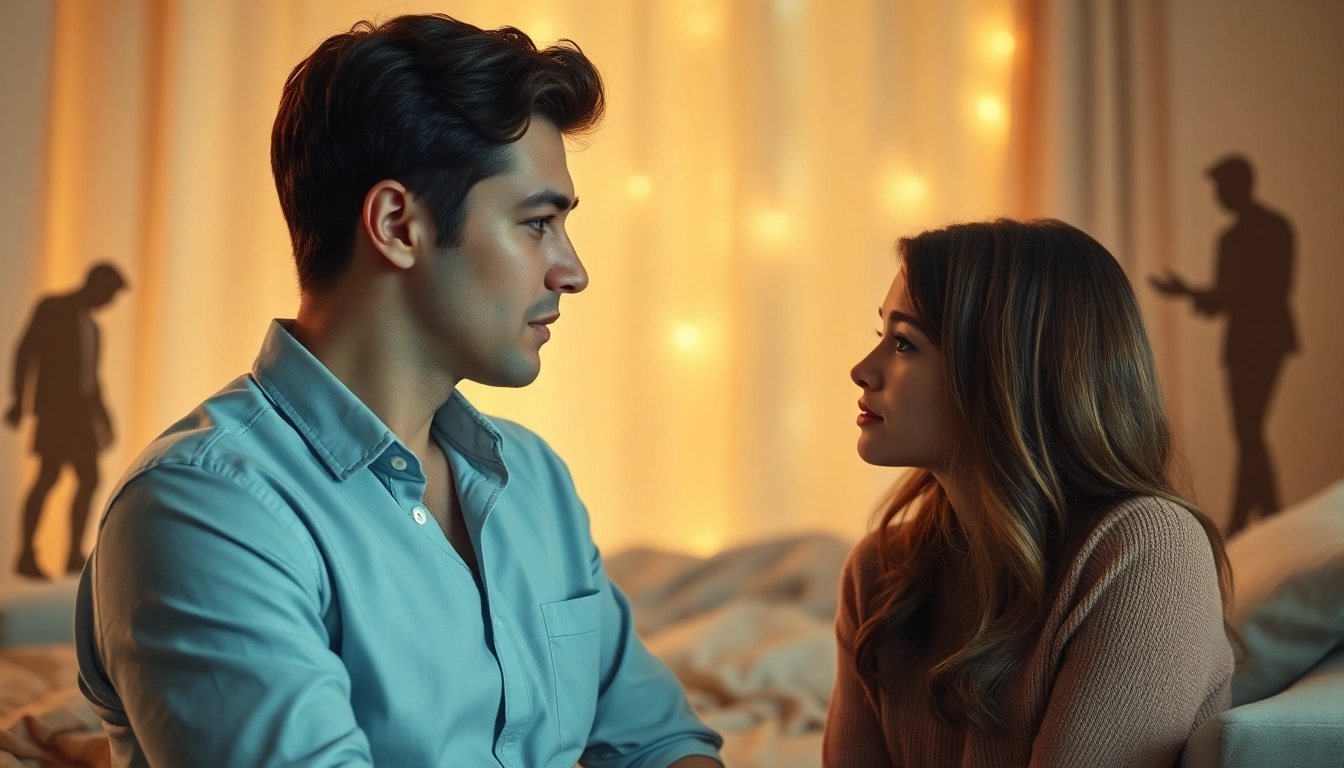 Couple facing emotional turmoil during a relationship breakup in a serene indoor environment.