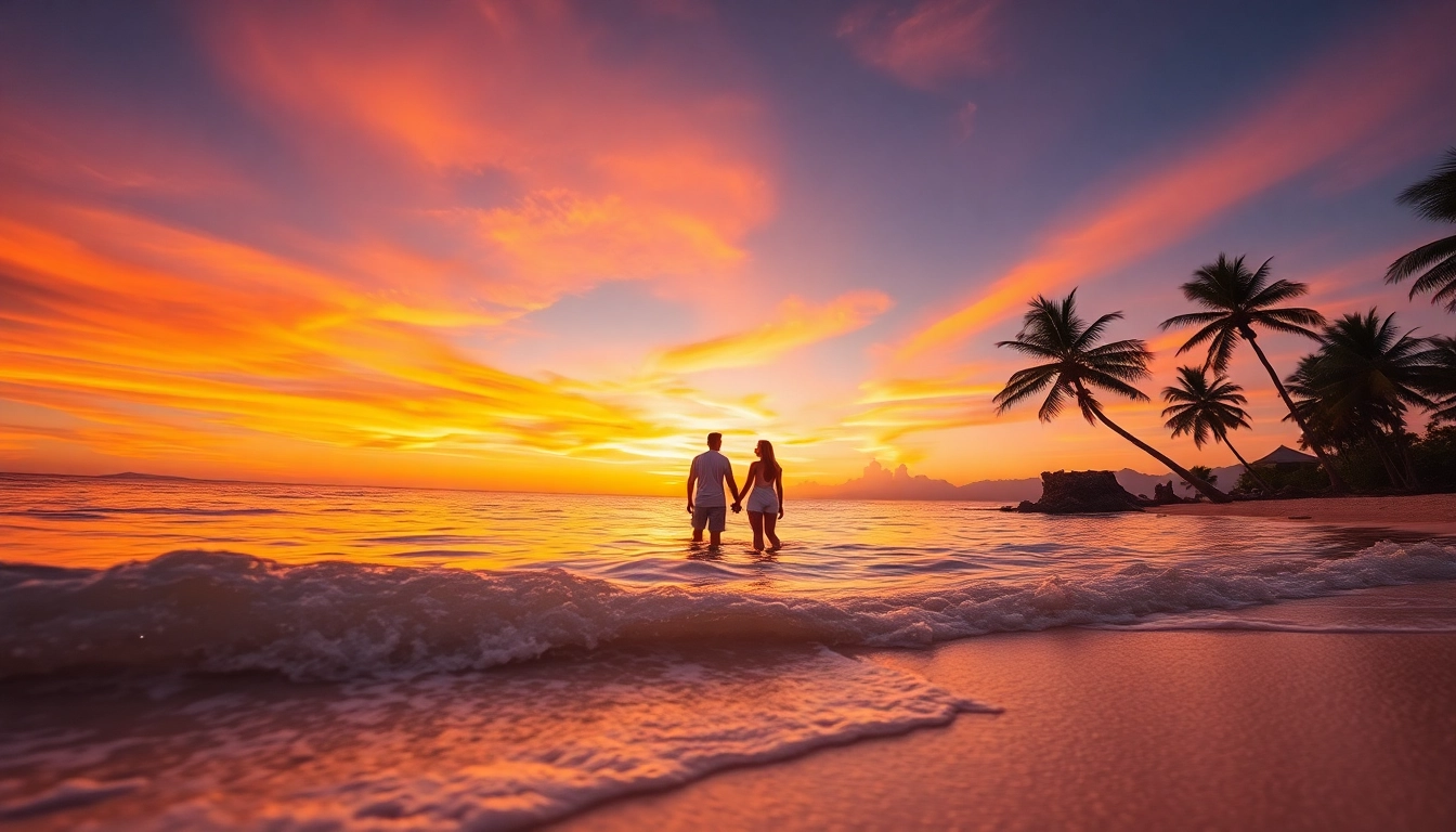 Couple enjoying a beautiful sunset during a trip to travel at the beach.