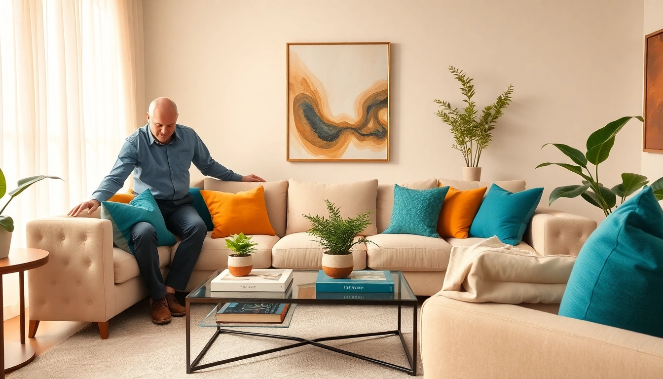 Interior decorator enhancing a contemporary living room with stylish furnishings and decor.