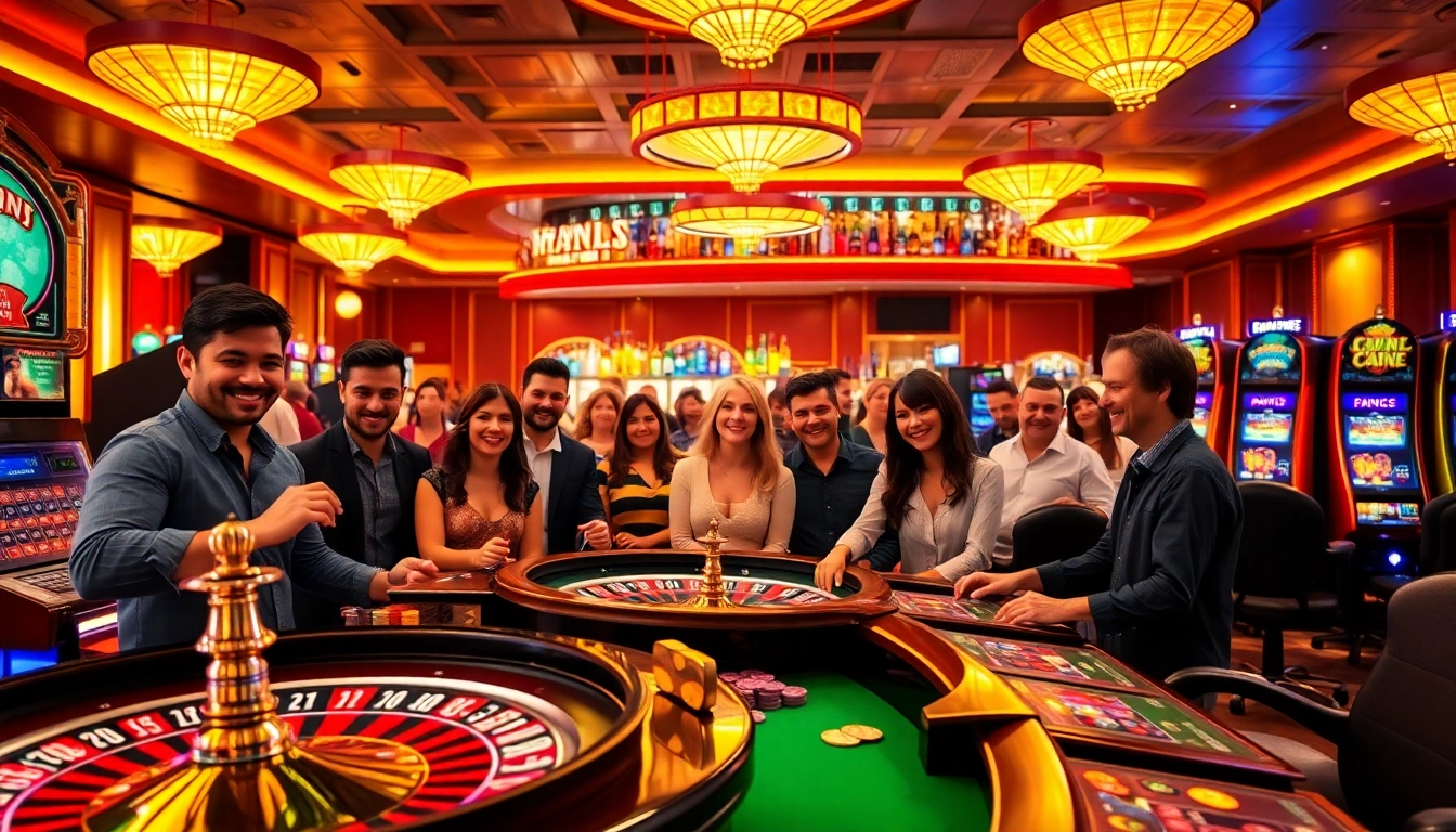 Cheerful players celebrating at a casino with welcome bonus while enjoying games and vibrant ambiance.