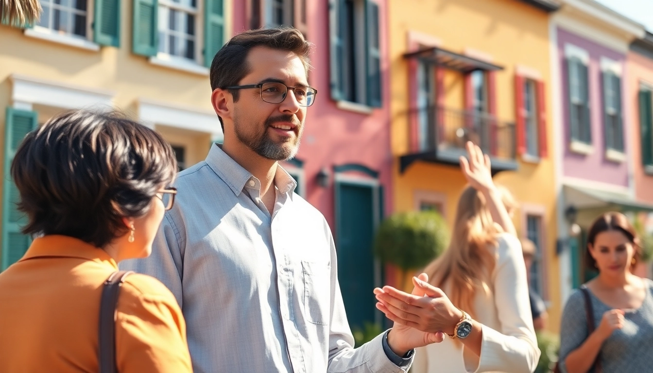 Engaging real estate conversation in Charleston SC. with historic architecture in the background.