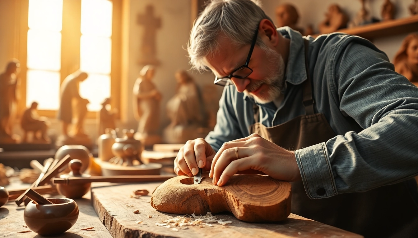 Handcrafted olive wood carvings displayed in an artisan's workshop.