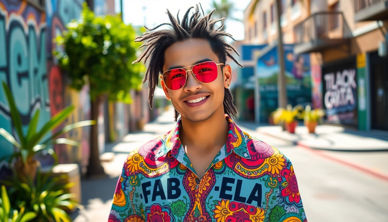 Showcasing Ay Pero Que Cute Latina Clothing, a model proudly wears the "FABU-ELA" shirt with vibrant colors.