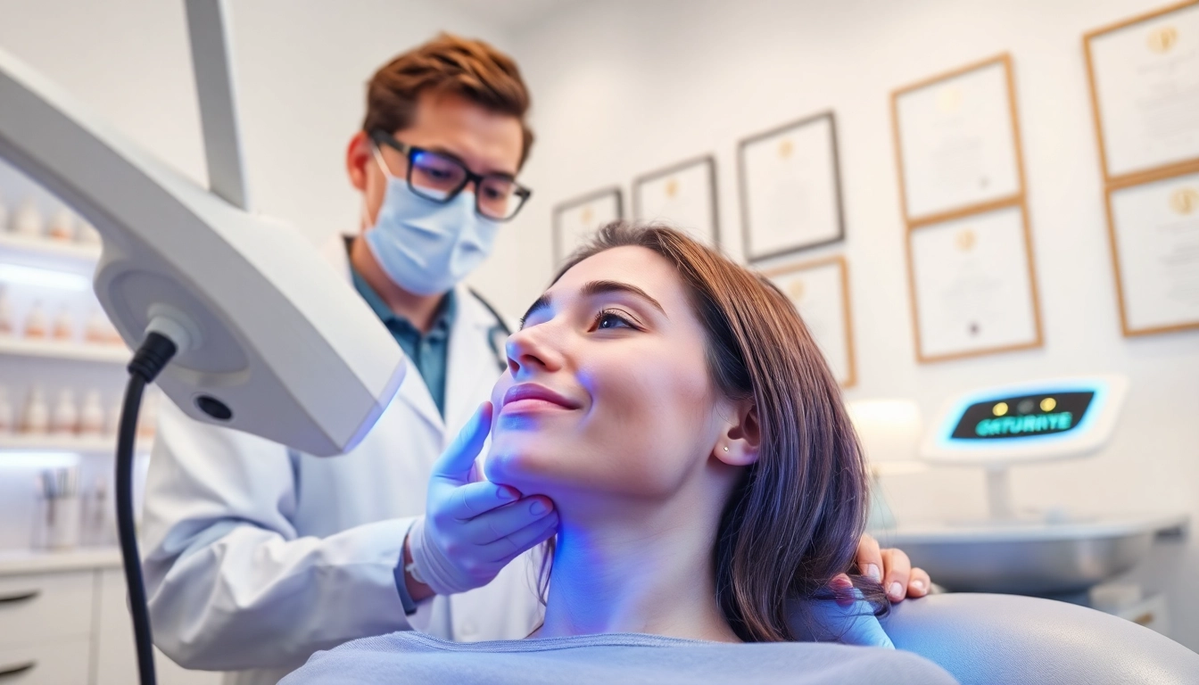 Enhanced Acne Treatment session in a skincare clinic with a dermatologist guiding a patient.