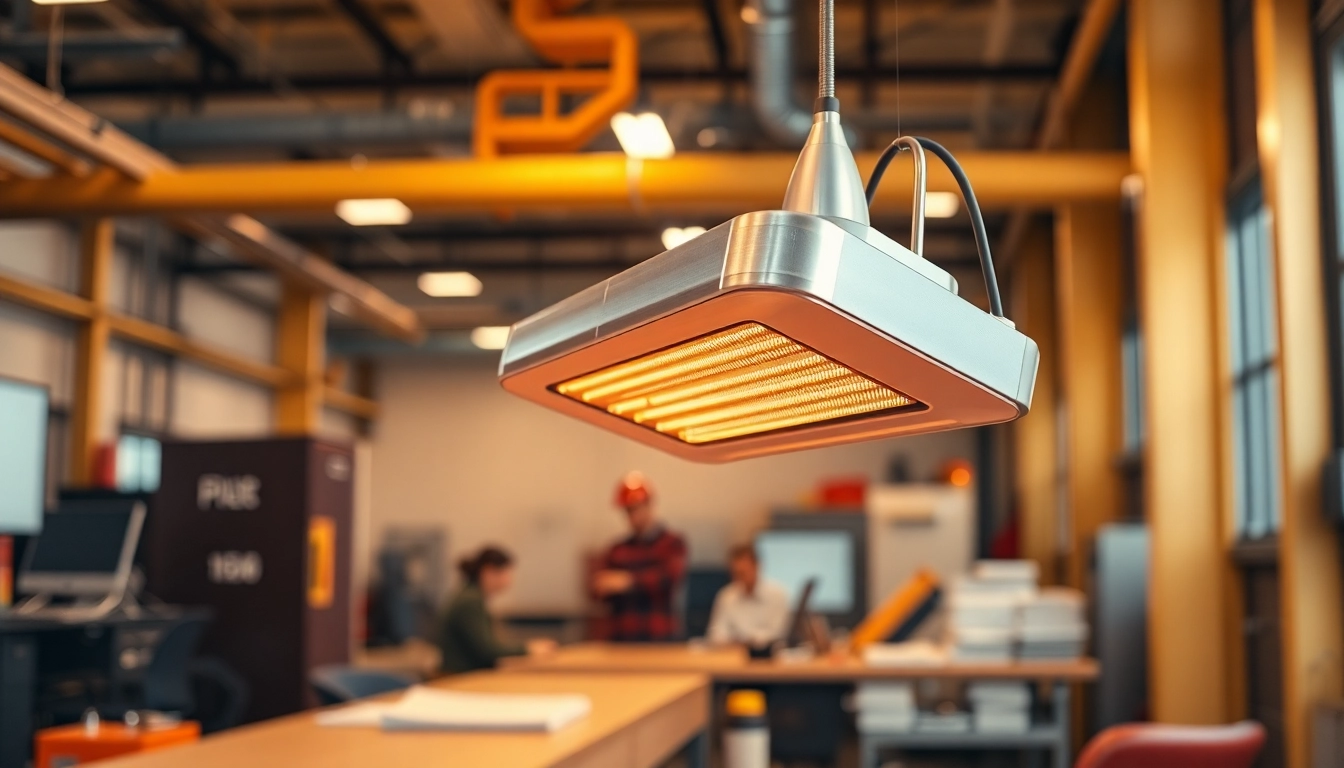 Infrared heating lamp providing efficient heat in an industrial workspace.