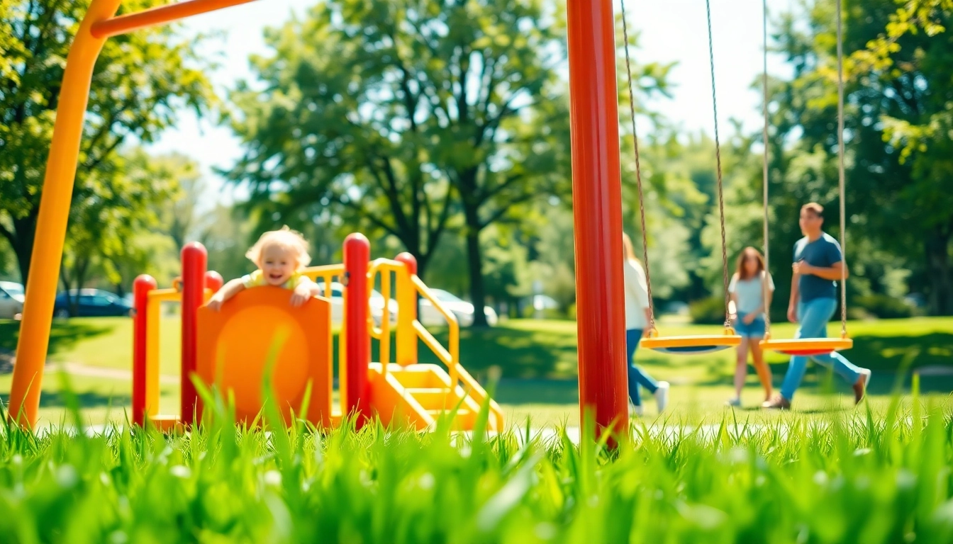 Children enjoying playground equipment in a sunny park with fun colors and structures.