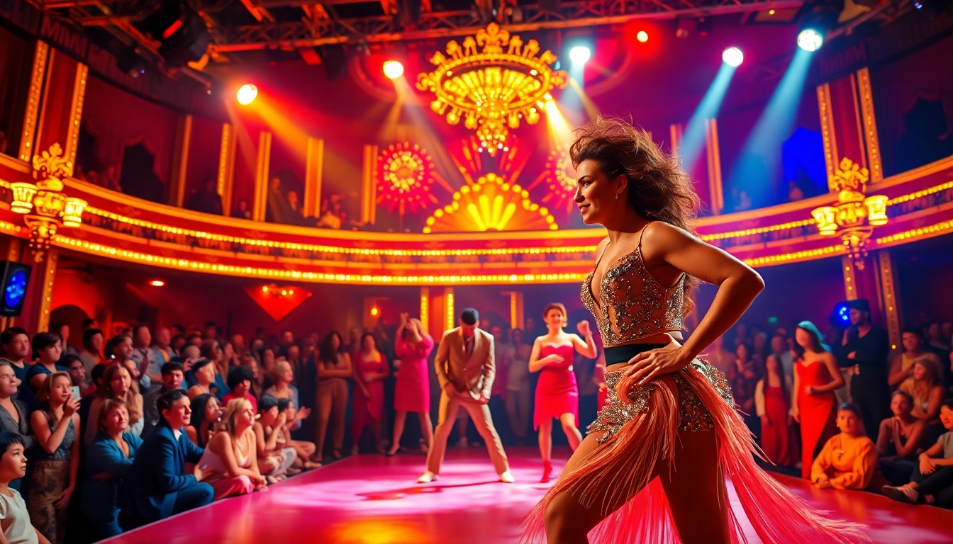 Experience the excitement of a matinee vegas show with vibrant performers on stage.