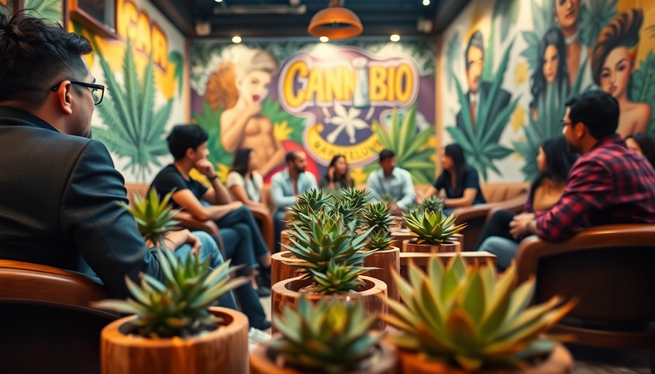 Presenting a vibrant social scene through https://cannabisbcn.com, showcasing community in a cannabis club.