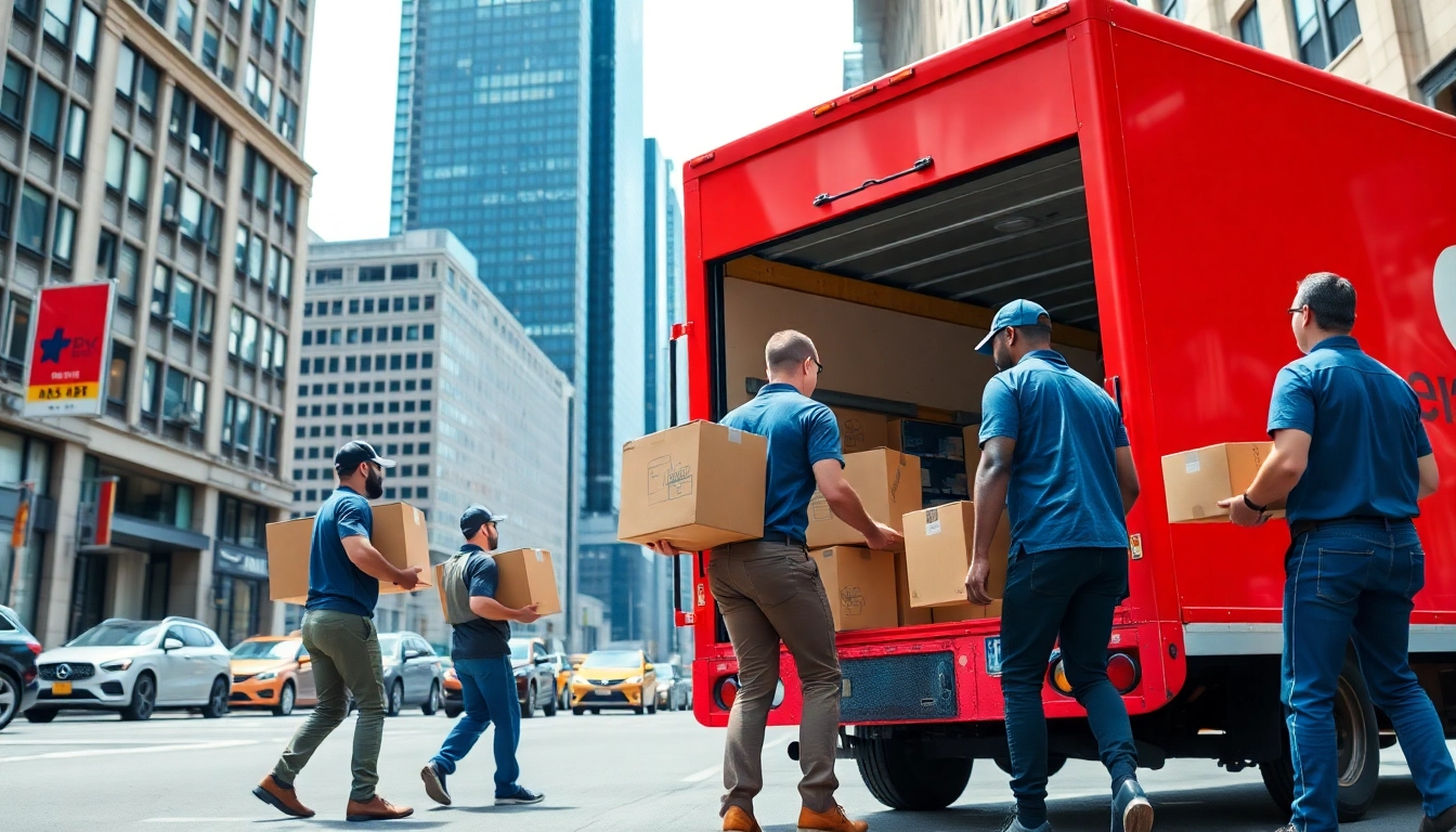 NYC movers efficiently loading boxes into a bright red moving truck on a bustling New York street.