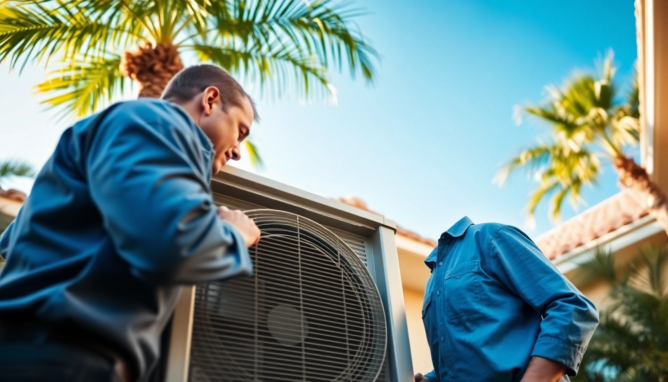 Expert air conditioning service in Palm Desert CA by a technician repairing an AC unit.