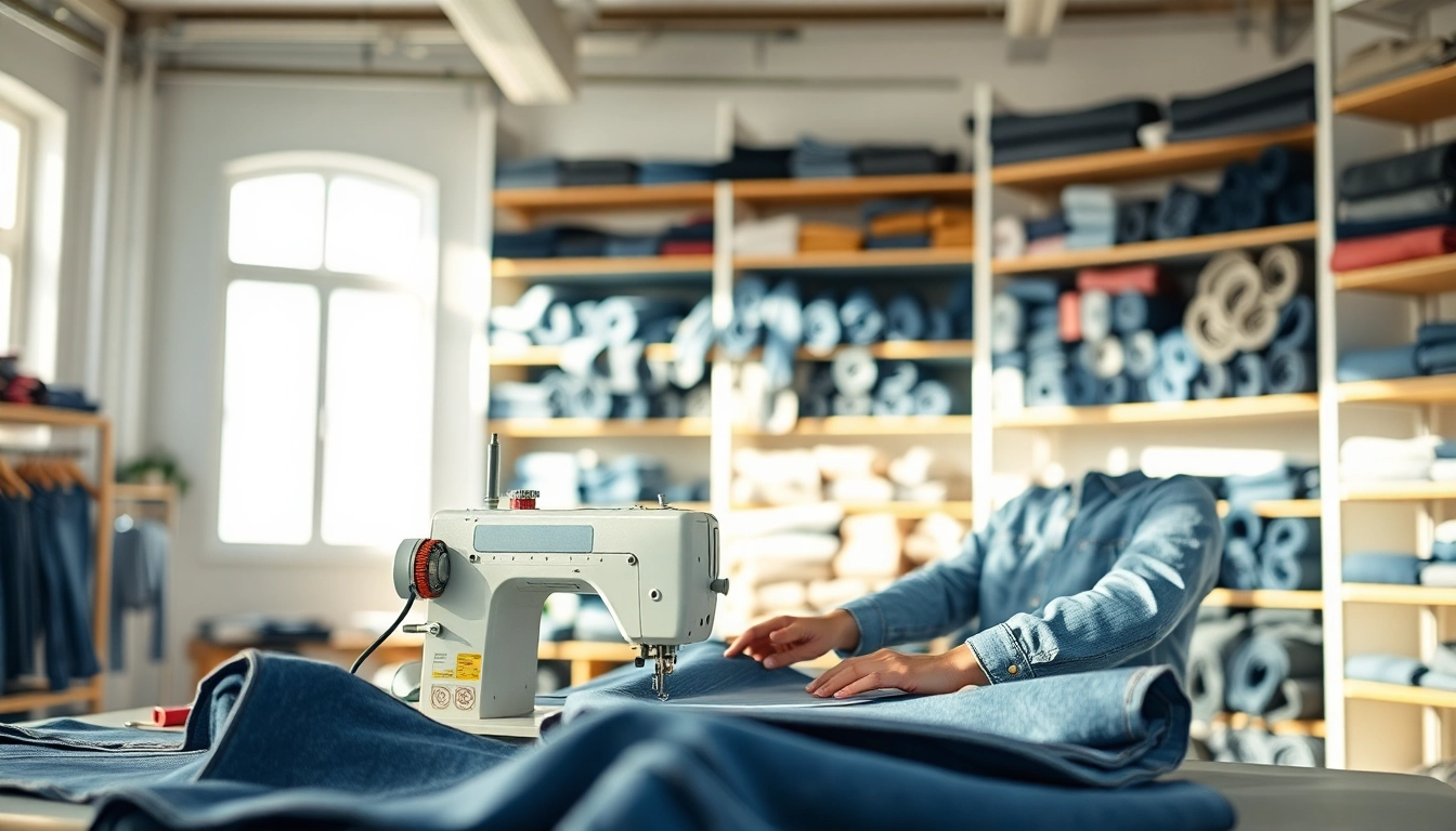 Showcase of jeans garment manufacturers in a vibrant studio, highlighting craftsmanship and creativity.