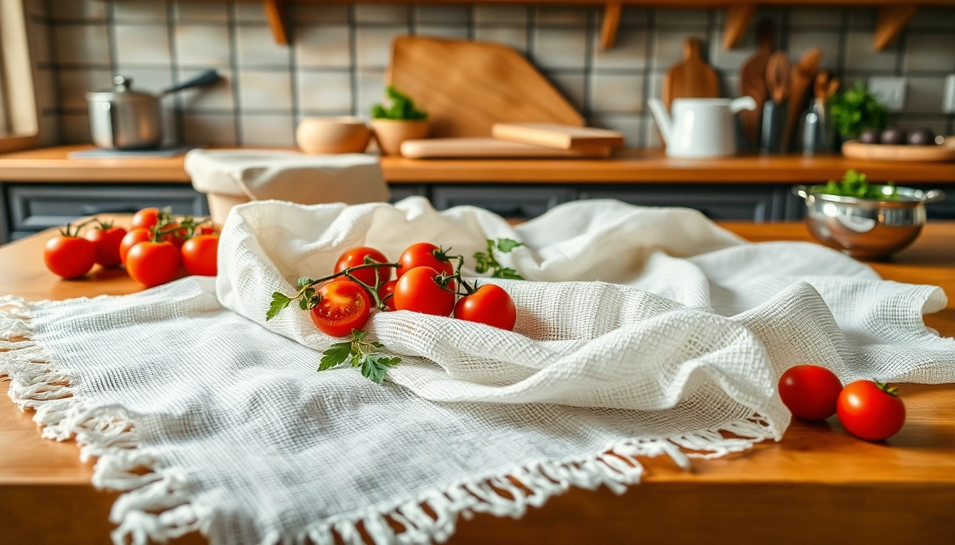 Kaasdoek in een rustieke keuken met verse ingrediënten en een warme uitstraling.