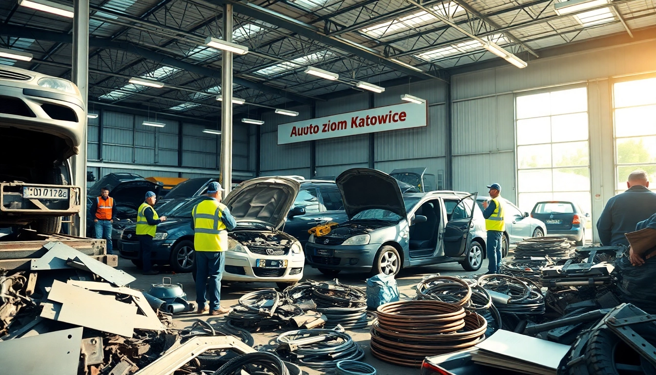 Wydajny proces złomowania w Auto złom Katowice, z pracownikami i wieloma częściami samochodowymi.