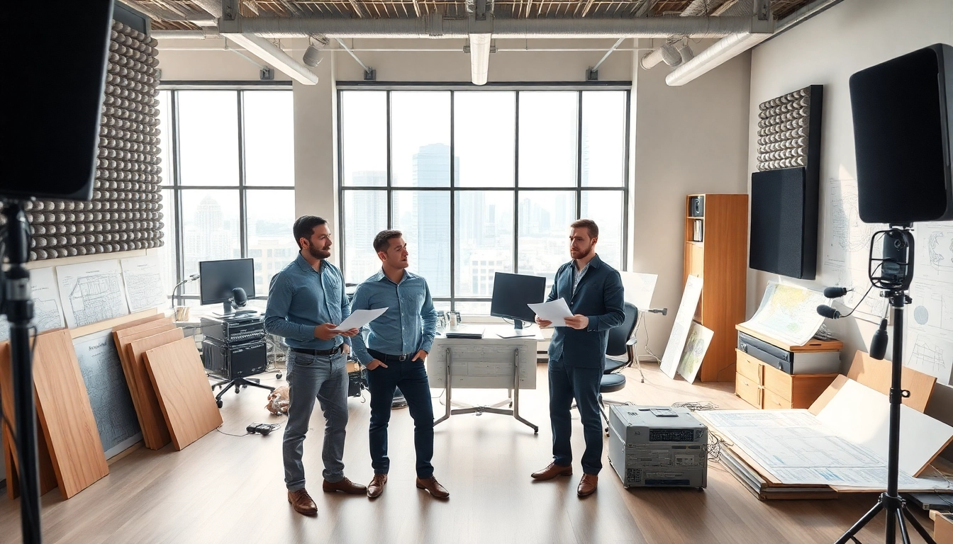 Consult acoustic consultants at https://www.polarisacoustics.com in a modern workspace filled with soundproofing materials.