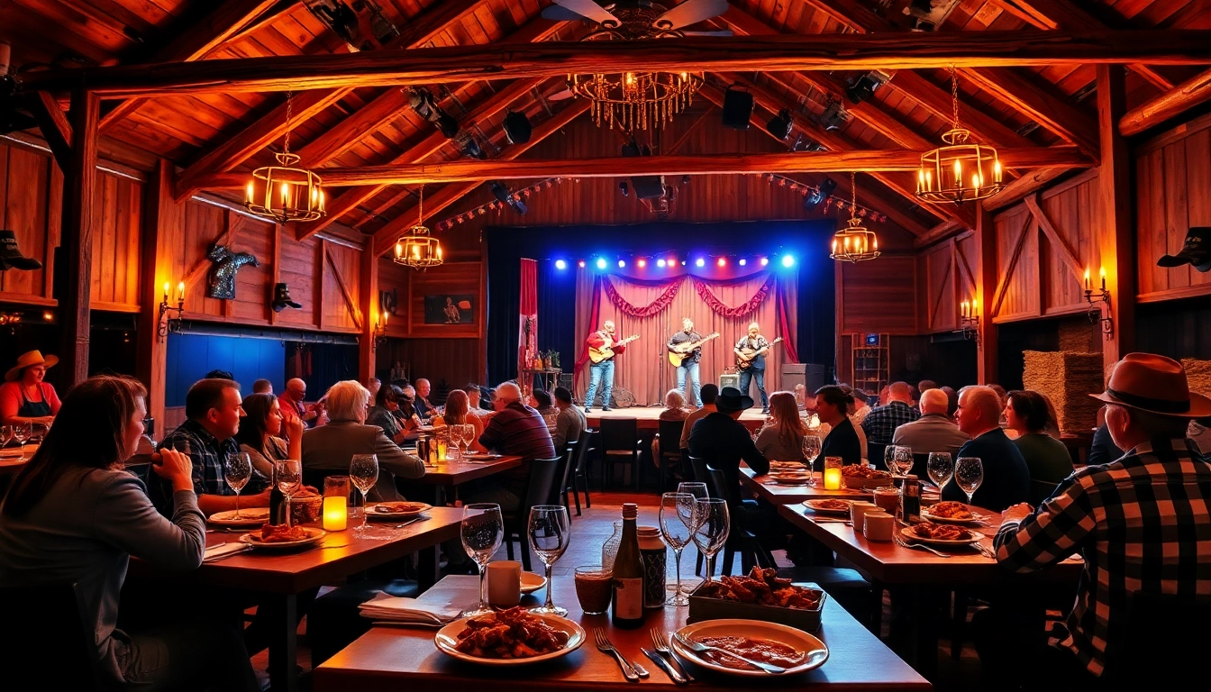 Guests enjoying the vibrant atmosphere at firelight barn dinner theater with delicious BBQ.
