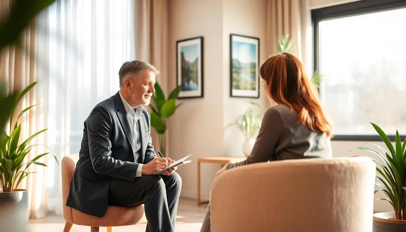 Therapist discussing anxiety with a client in a warm, inviting office environment.